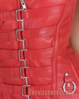   Red Leather Strap Steel Boned Overbust Corset Fancy Hourglass Bustiers