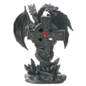  Black Two Headed Dragon with Celtic Cross   5.5 Polyresin 