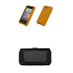 HTC Aria Orange Silicone Gel Skin Cover Case + Leather Case Side Pouch 