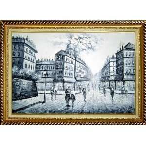 People Walking on Paris Street Scene Oil Painting, with Linen Liner 