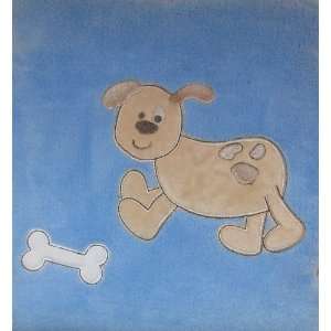  Blue Plush Baby Blanket with Tan Puppy Dog and Bone Baby