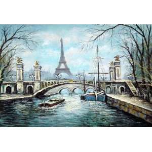  A Paris Street Bridge and Eiffel Tower Oil Painting 24 x 36 
