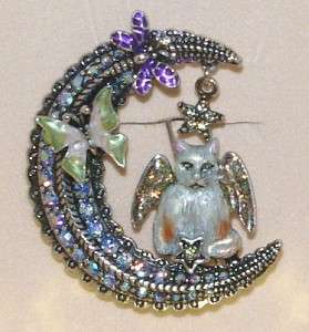 Kirks Folly Luna Kitty Cat Angel Crescent Moon Pin Brooch Silvertone 