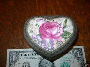VINTAGE METAL HEART TRINKET JEWELRY BOX PORCELAIN ROSE!  