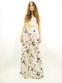 Vtg 70s Wht FLORAL Psychedelic HIGH WAIST Far Out BELL BOTTOM Pants S 