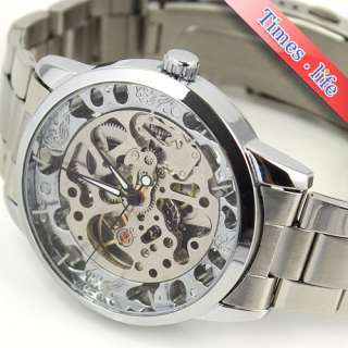 Mens Full Silver Automatic See Through Clear Stainless Steel Watch 
