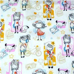 Trans Pacific Cotton Fabric French Girls & Puppies, Childrens Print 