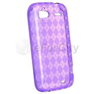 Clear Purple Argyle TPU Rubber Skin Gel Soft Case Cover For HTC 