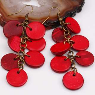 Red Coconut Shell Button Coin Bead Dangle Earrings 1pcs  