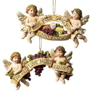  Set of 2 Tuscan Winery Cherubs with Banner Christmas 
