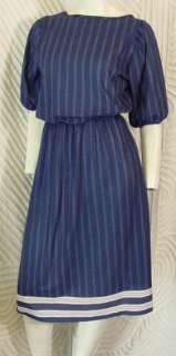 80s navy polka dot stripe dress w/red stripe hem 36b  