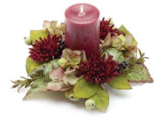 This set of 6 artificial burgundy chrysanthemum pillar candle rings 