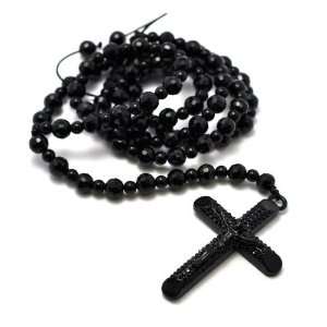  Black Disco Ball & Iced Out Cross Rosary Necklace XC230BK 