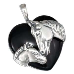  Sterling Silver Black Onyx Heart with Mother and Foal 