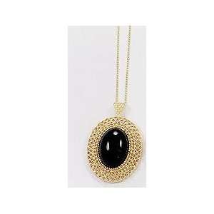  Vintage Long Gold Oval Black Stone Pendant Necklace 