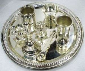 Hindu Altar Temple Prayer Puja Thali in Silver 9 items  