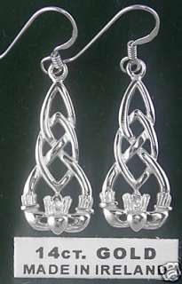 Irish 14K White Gold Sterling Silver Claddagh Earrings  