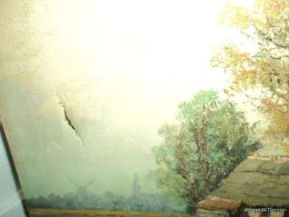 ANTIQUE Original oil THATCHED Cottages Lake Landscape  