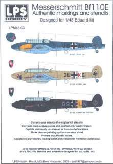 LPS Decals 1/48 MESSERSCHMITT Bf 110E Markings & Stencils  