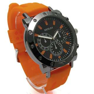 Henley Mens BIG Watch Silicone strap Orange Strap and Markers 259OR 