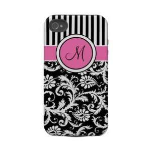  Monogrammed Pink, Black, White Striped Damask Iphone 4 