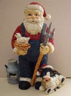 Christmas Farm Country Santa Claus w/ Pitchfork Chicken & Cow Resin 