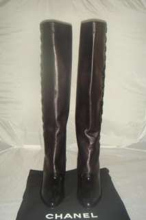 AUTH NIB CURRENT CHANEL BLACK KNEE BUTTON BOOTS 38.5  