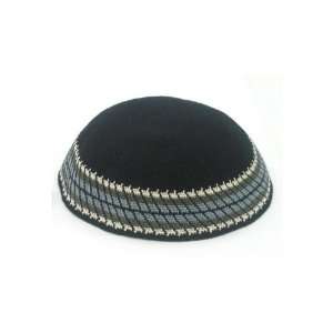  24 Centimeter Black Knitted Kippah with White, Green and 