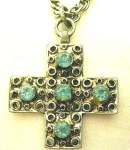 Vintage 925 Sterling SP Blue Topaz Cross Pendant Necklace  