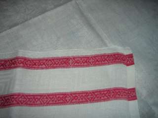 VINTAGE NICE WHITE WITH RED TRIM DAMASK TABLE CLOTH 175 X 56  