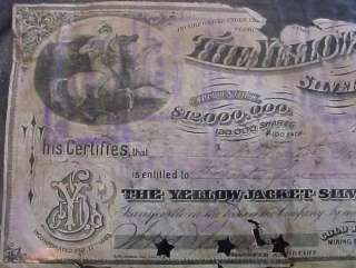 1883 The Yellow Jacket Silver Mine   Stock Certificate   Gold Hill 