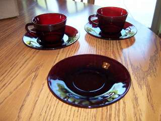 Royal Ruby Anchor Hocking cups and saucers lot of 5  