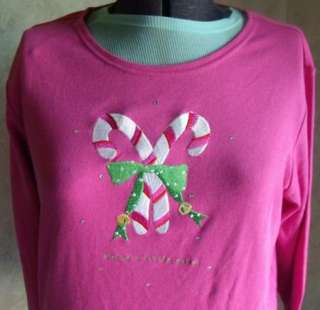 Quacker Factory Pink Candy Cane Holiday Shirt L  