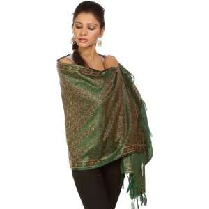 Islamic Green Tehra Banarasi Stole with All Over Hand Woven Paisleys 