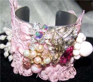 Bracelet Cuff Goldtone covered in vintage pink lace,faux pearls 
