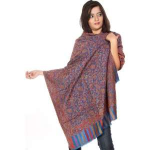   Blue Kani Stole with Woven Paisleys in Multi Color Threads   Pure Wool