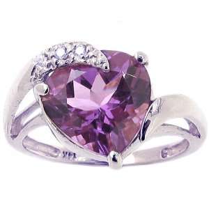 14K White Gold Large Heart Gemstone and Diamond Promise Ring Amethyst 