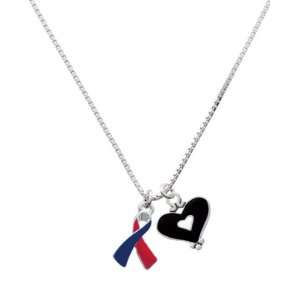    Red & Blue Awareness Ribbon and Black Heart Charm Necklace Jewelry