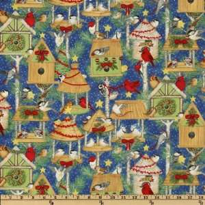  44 Wide All Spruced Up Christmas Birdhouses Blue Fabric 