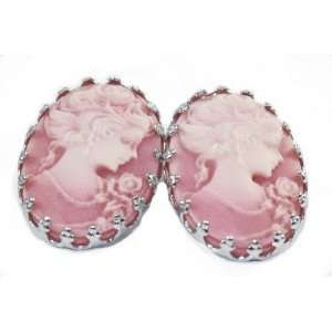 Beautiful Pink Oval Cameo Girl Stud Earrings with Silver Accents Comes 