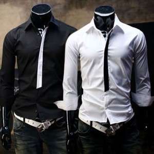 New Mens Casual Slim Fit Stylish Korean Style Dress Shirts Black White 