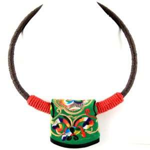 Tibetan Tribal Choker   Colorful Embroidery On Emerald Satin Pendant 