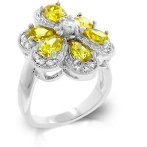    White Gold Rhodium Bonded Citrine CZ Daisy Ring   6 Jewelry