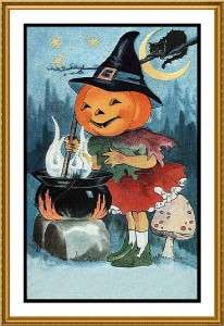 Victorian Halloween #15 Pumpkin Girl Counted Cross Stitch Chart  