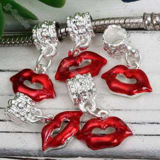 5Pc Silver Plated Red Enamel Lip Mouth European Beads Fit Charm 