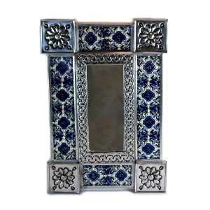   Tin Mirror with 2 Talavera Cobalt Blue Design Ceramic Tiles, 13 x 9