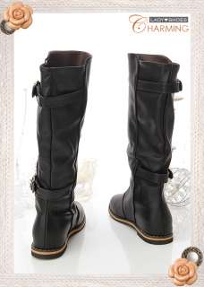 Womens Stud Buckles Flat Mid Boots Black  