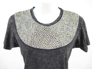 AKA Charcoal Jeweled Beaded Short Sleeve Shirt Top Sz S  