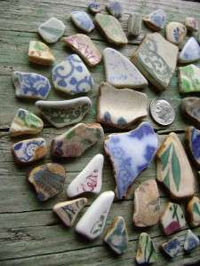 Genuine Beach Sea Glass Pottery China Shards   50 Floral Pattern~Blue 