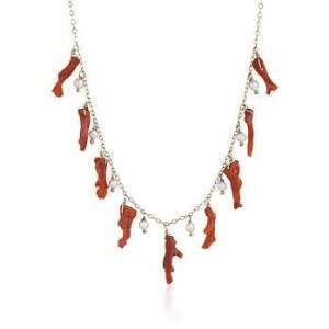  3 3.5mm Pearl and Coral Necklace In Vermeil. 16 Jewelry